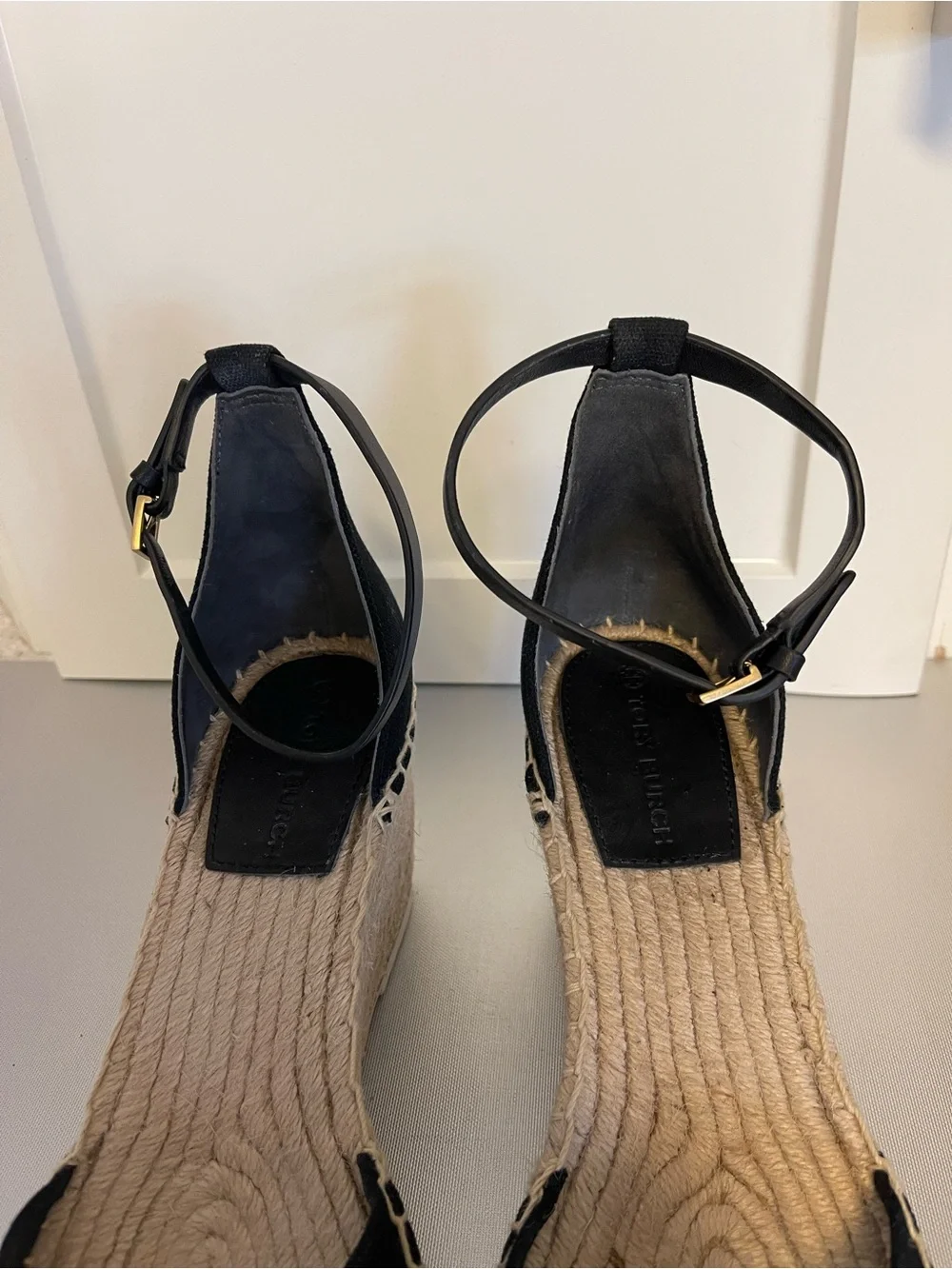 Tory Burch Black Espadrille Wedge Nappa Sandals w/ Ankle Strap Color Block Sz 11